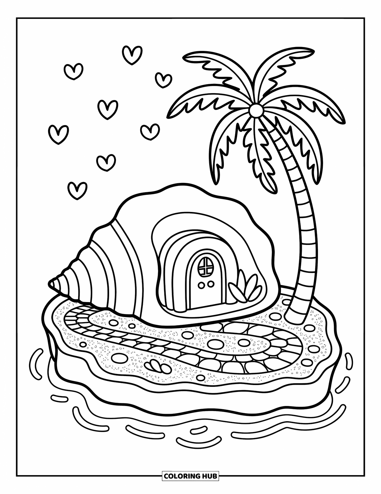 Seashell Coloring Page for Adults: A shell house sits under a palm tree with birds flying above