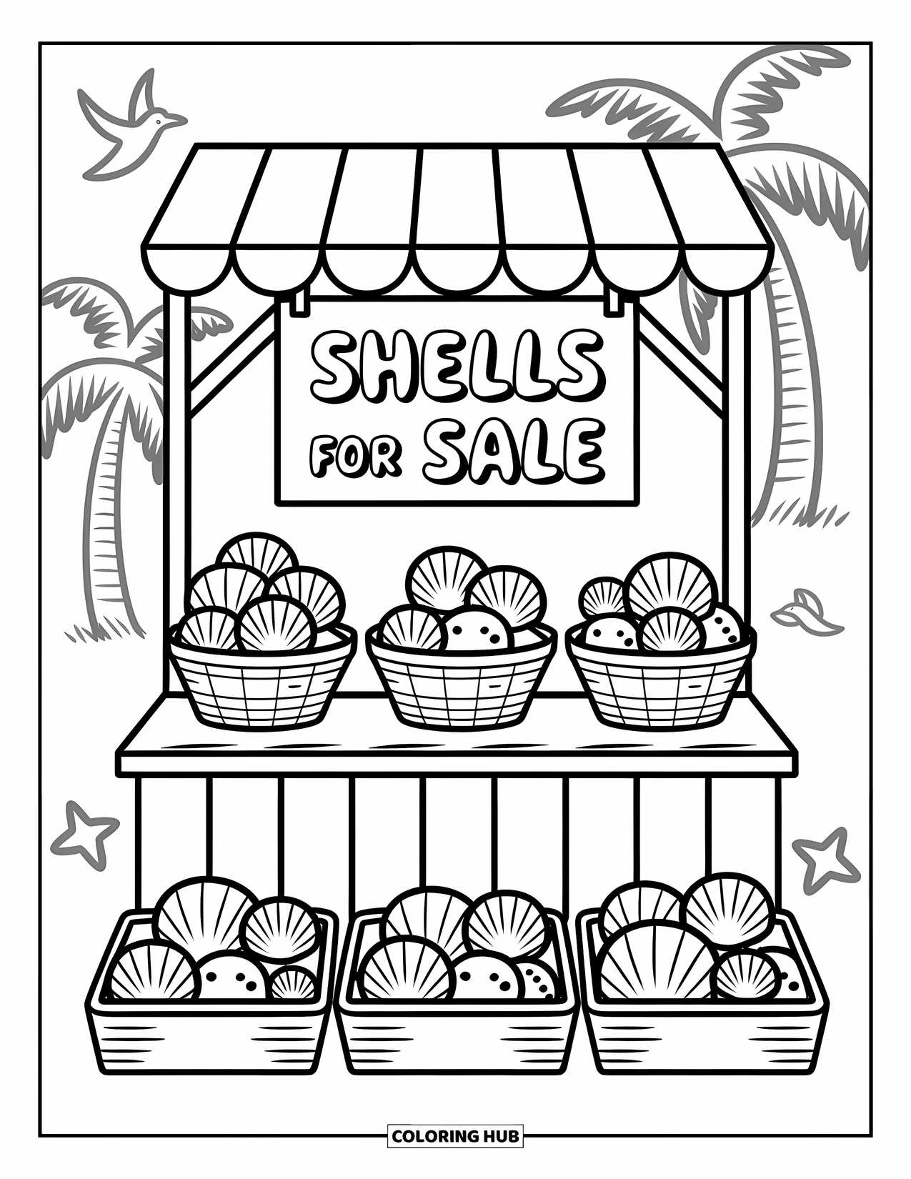 Seashell Coloring Page for Adults: A shell stall with a striped top shows off trays of adorable sea treasures