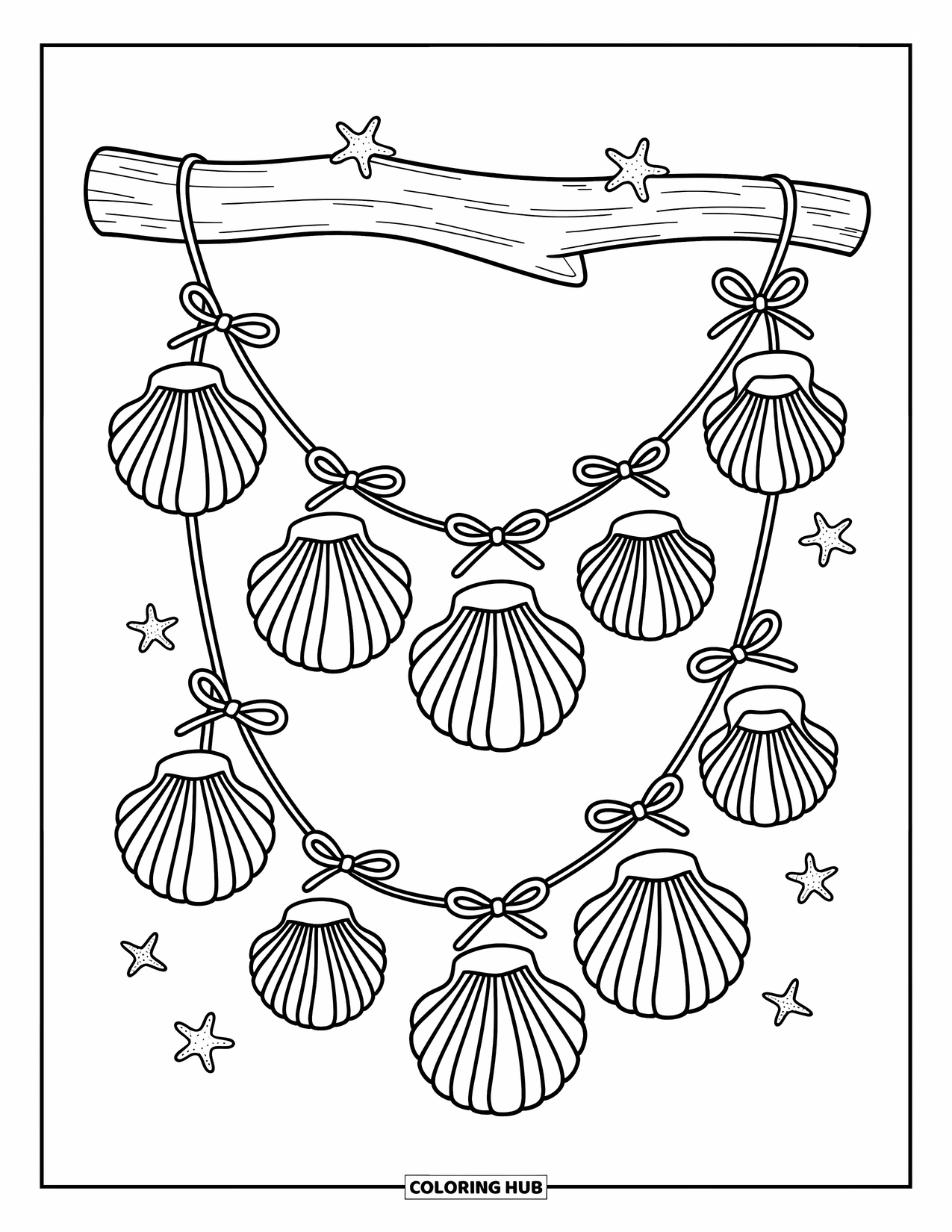 Seashell Coloring Page for Adults: A string of kawaii seashells sways gently from a driftwood beam