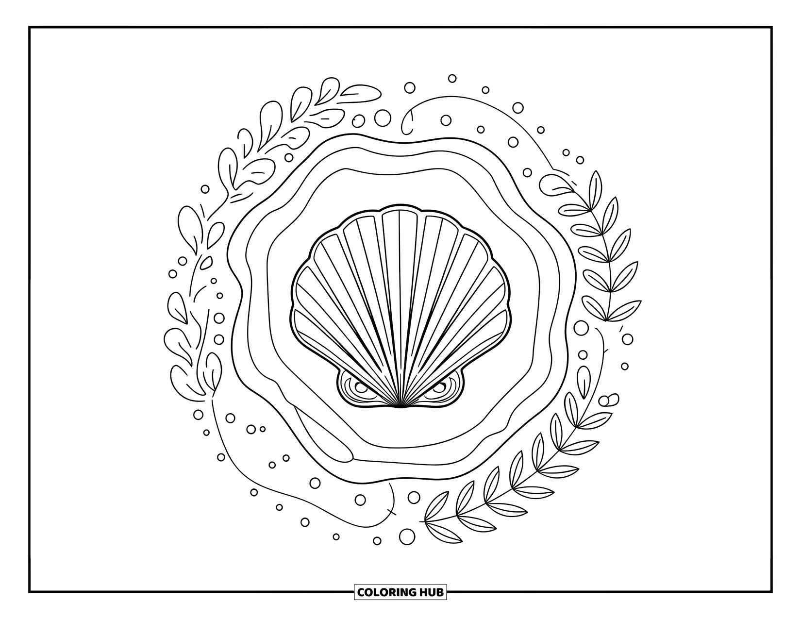 Seashell Coloring Page for Adults: An ornate scallop shell is framed by sea plants and wave curves