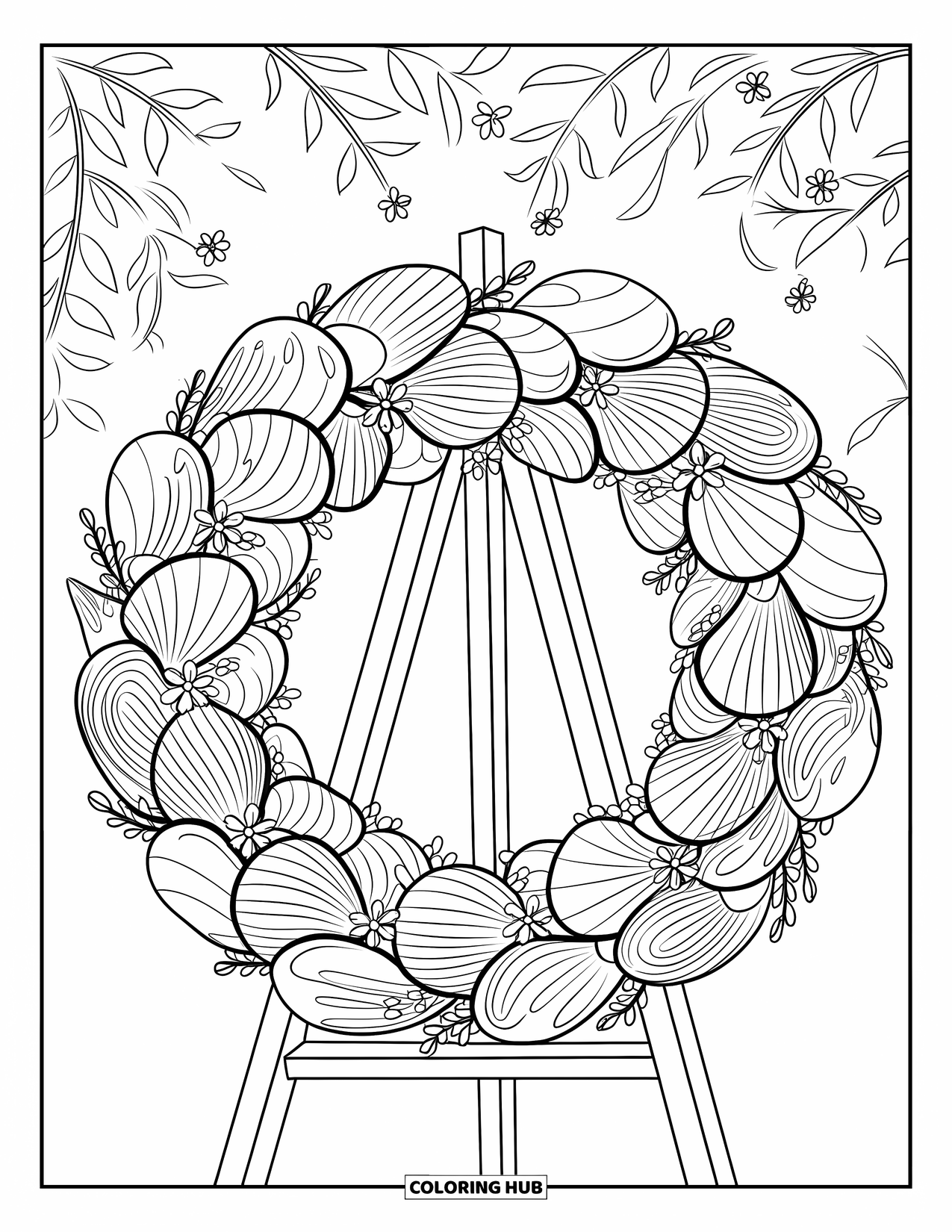 Seashell Coloring Page for Adults: Shells and flowers form a wreath placed on a stand with leafy greenery