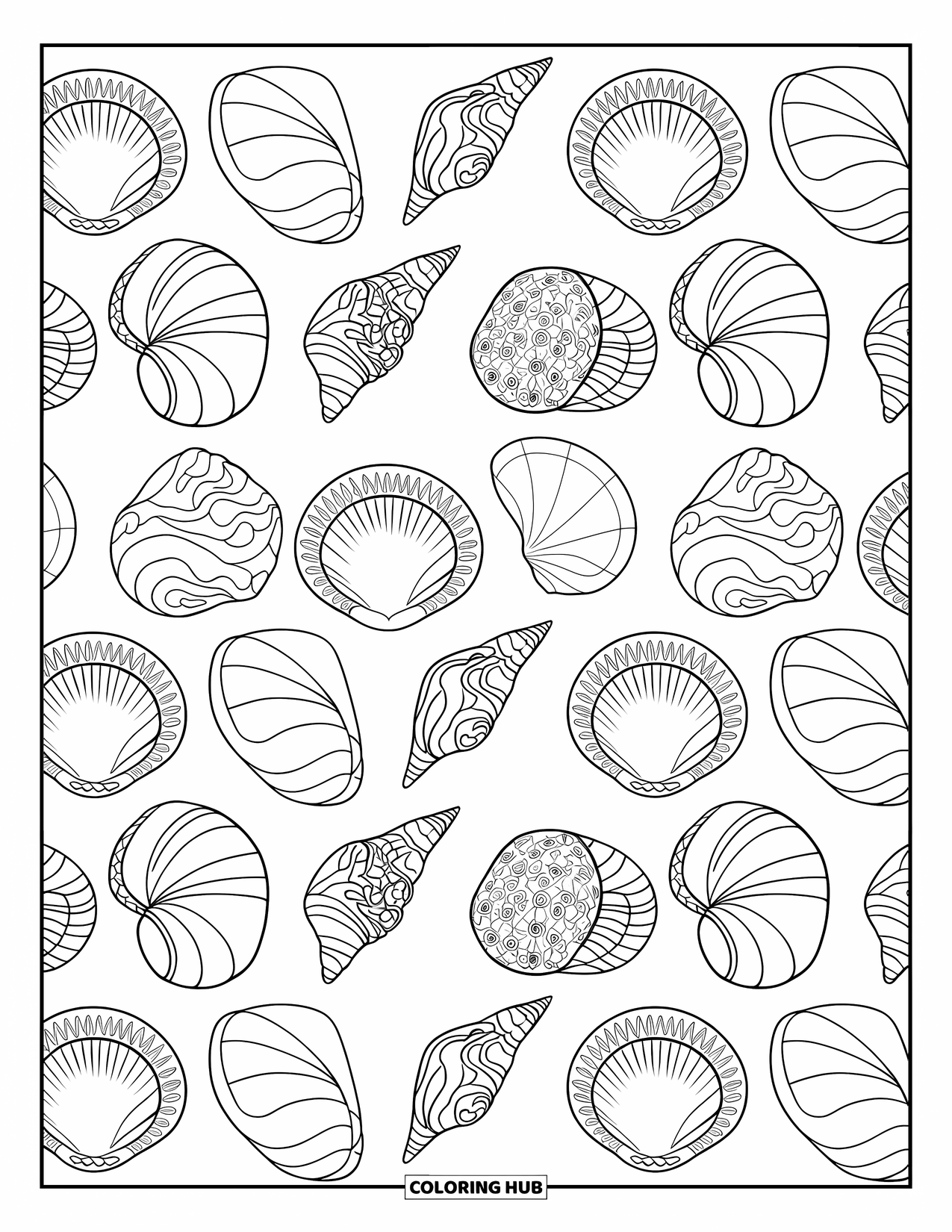 Seashell Coloring Page for Adults: Shells repeat in rows with alternating directions in a fun pattern