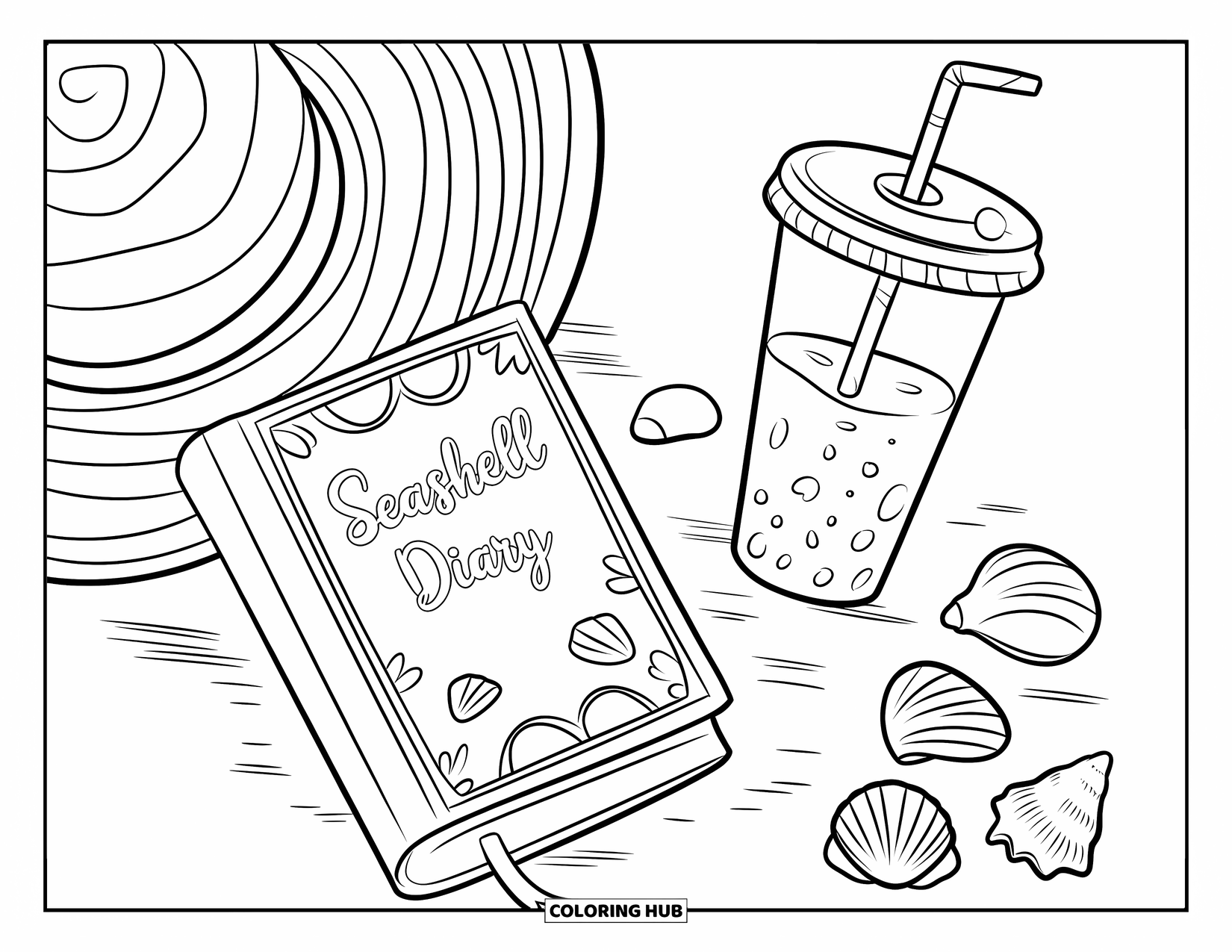 Seashell Coloring Page for Kids: A beachy flat lay with a journal, hat, scattered shells, and a drink