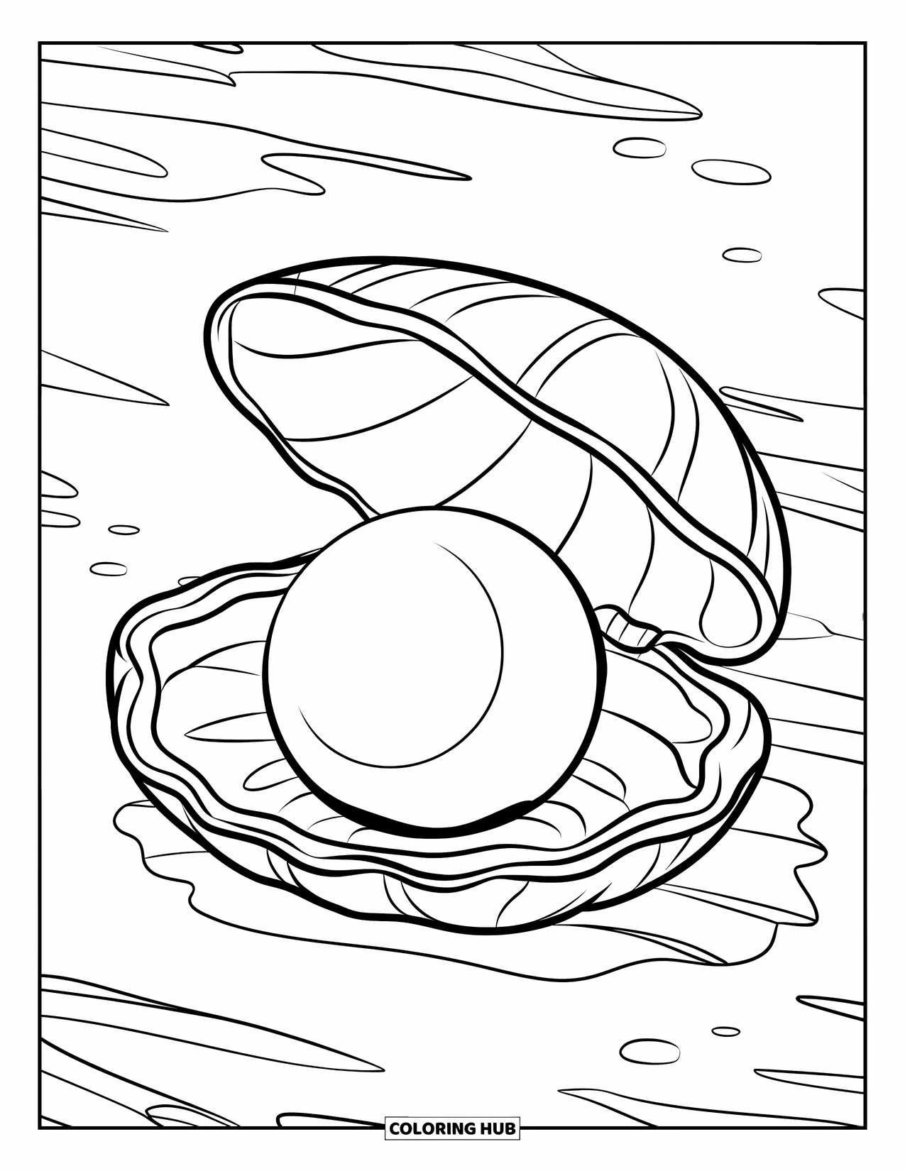 Seashell Coloring Page for Kids: A big clam shell holds a shiny pearl on a sandy beach