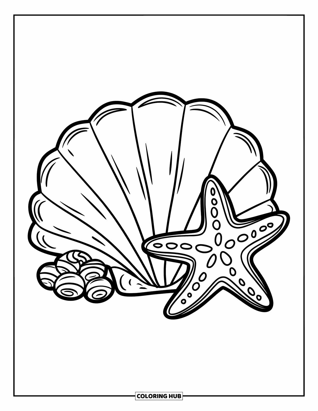 Seashell Coloring Page for Kids: A big scallop shell with barnacles sits beside a starfish