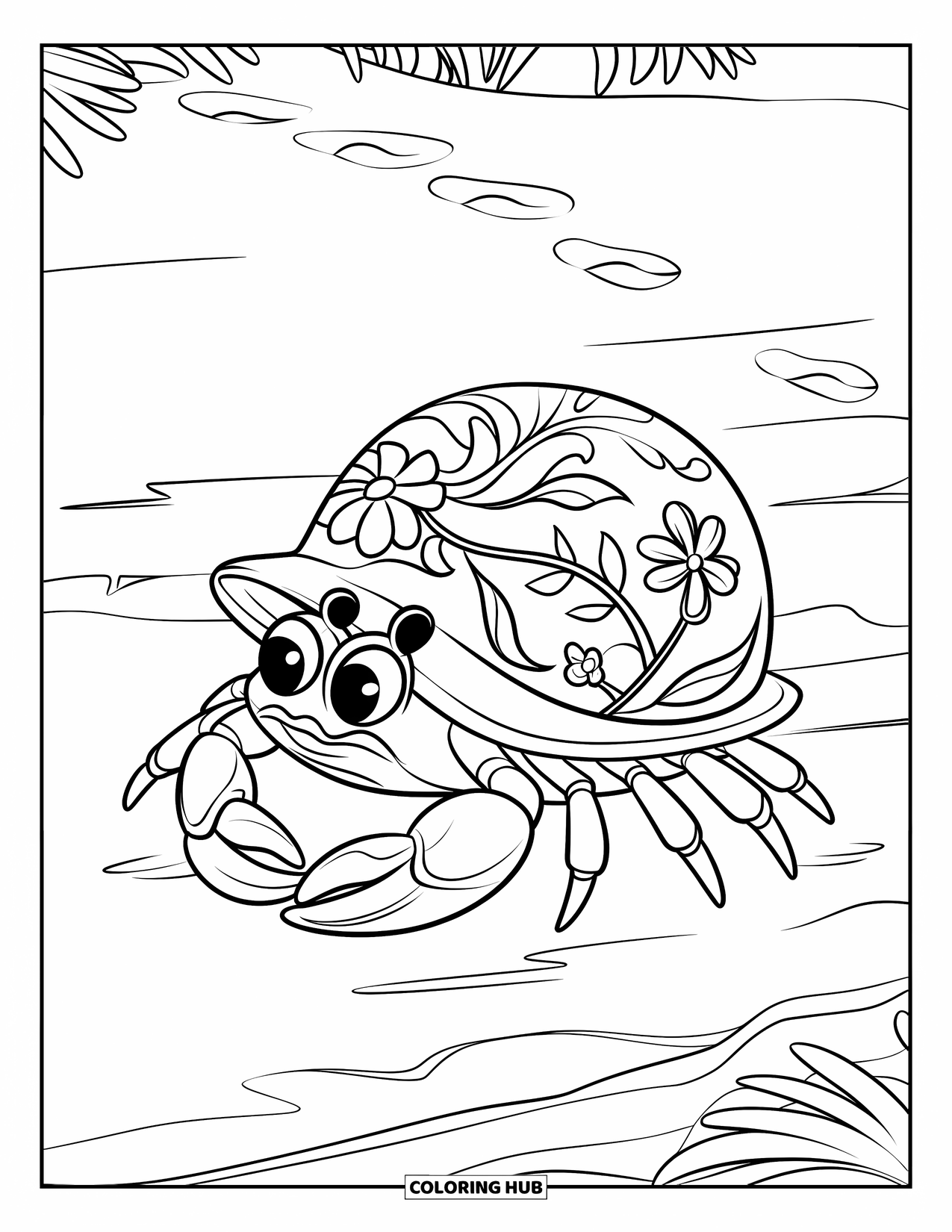Seashell Coloring Page for Kids: A crab with a floral shell crawls on sand near tiny footprints