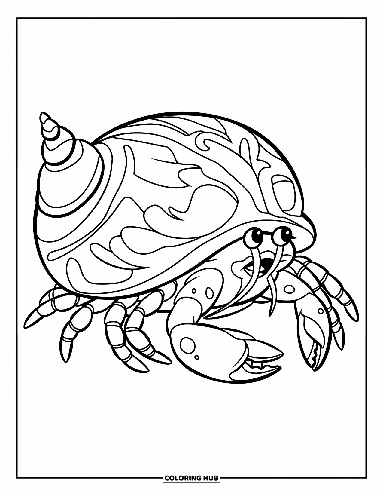 Seashell Coloring Page for Kids: A hermit crab walks with a decorated shell on a white background