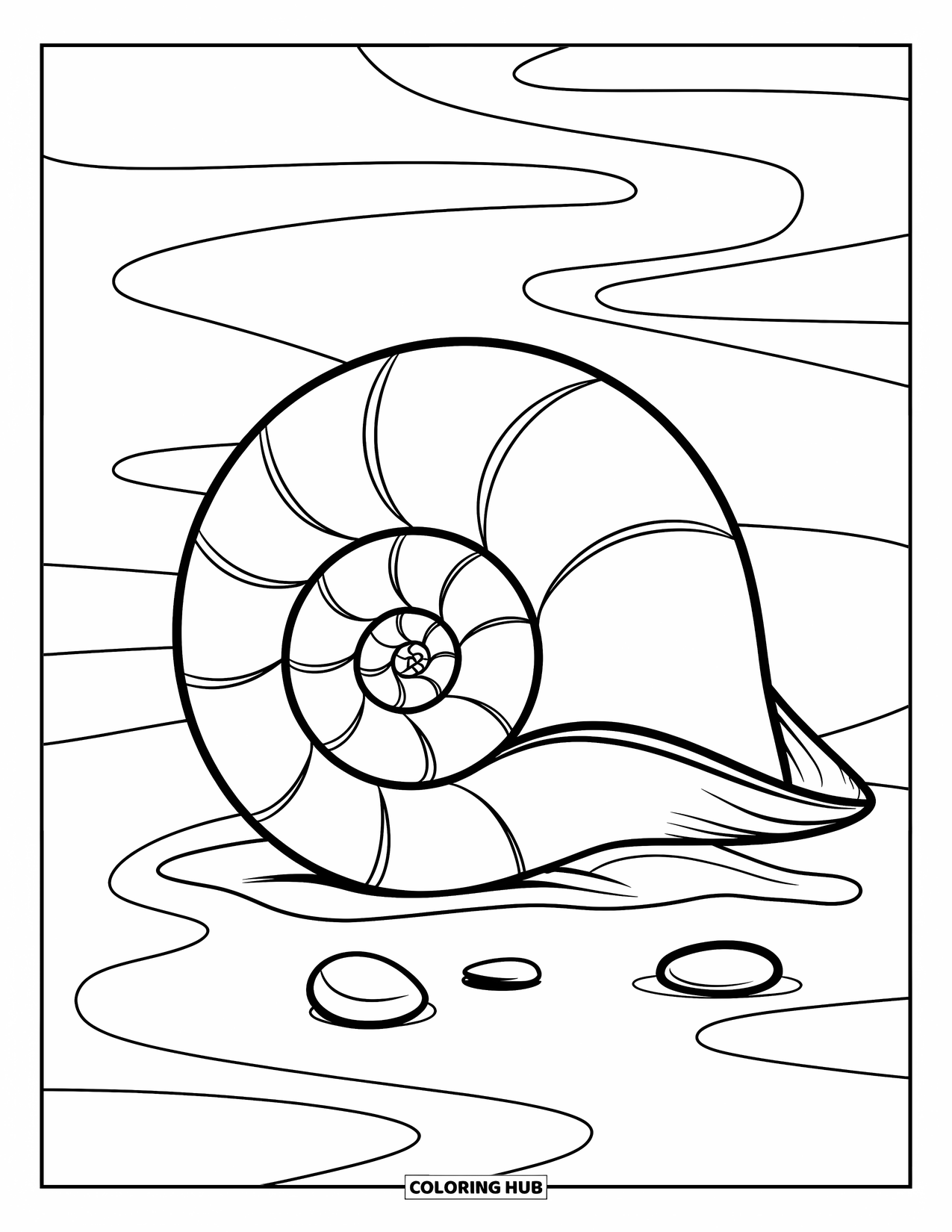 Seashell Coloring Page for Kids: A large spiral shell sits on sand with three small pebbles around it