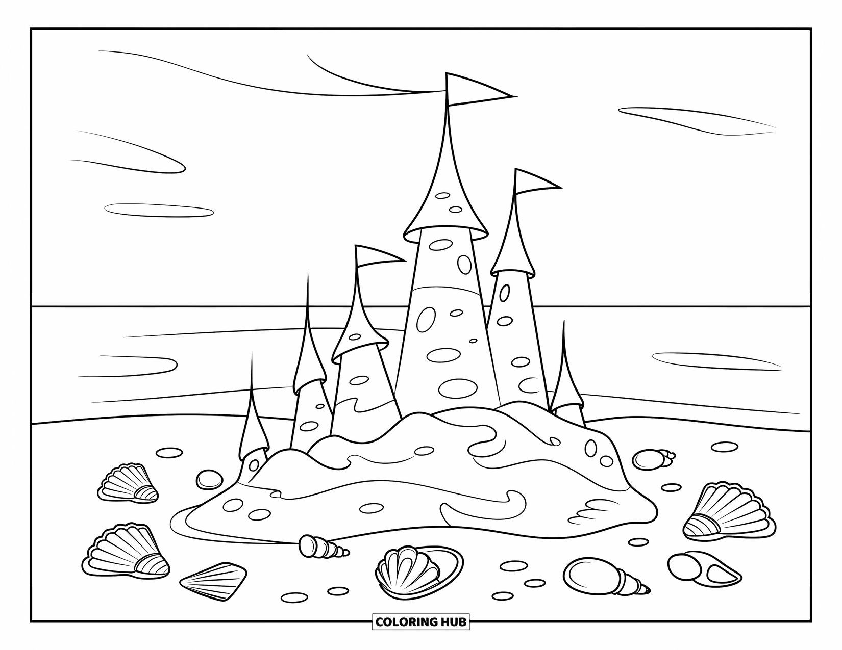 Seashell Coloring Page for Kids: A sandcastle with towers stands among scattered seashells and calm ocean waves