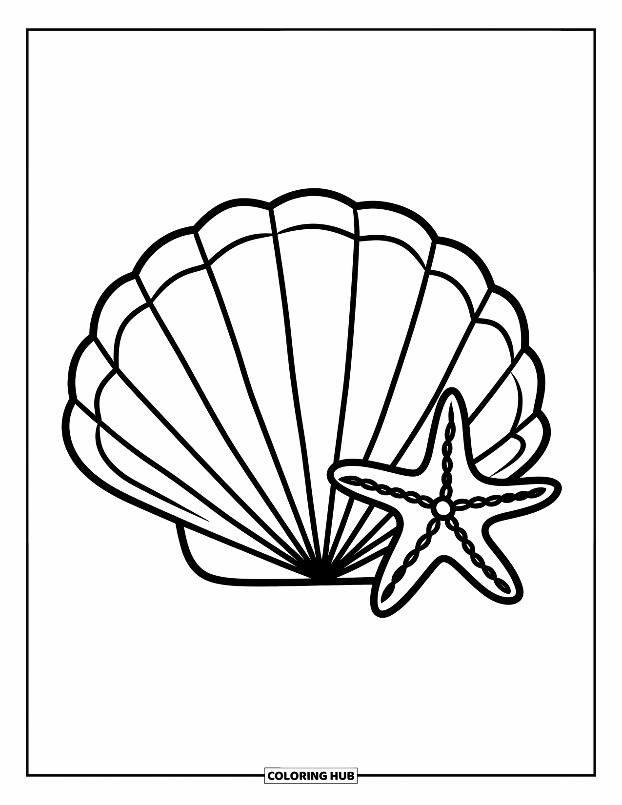 Seashell Coloring Page for Kids: A scallop shell and starfish rest side by side on white sand