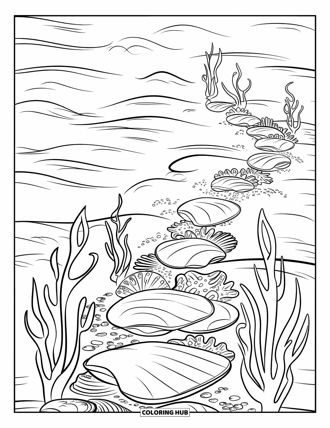 Seashell Coloring Page for Kids: A seashell path winds toward soft waves and clumps of seaweed