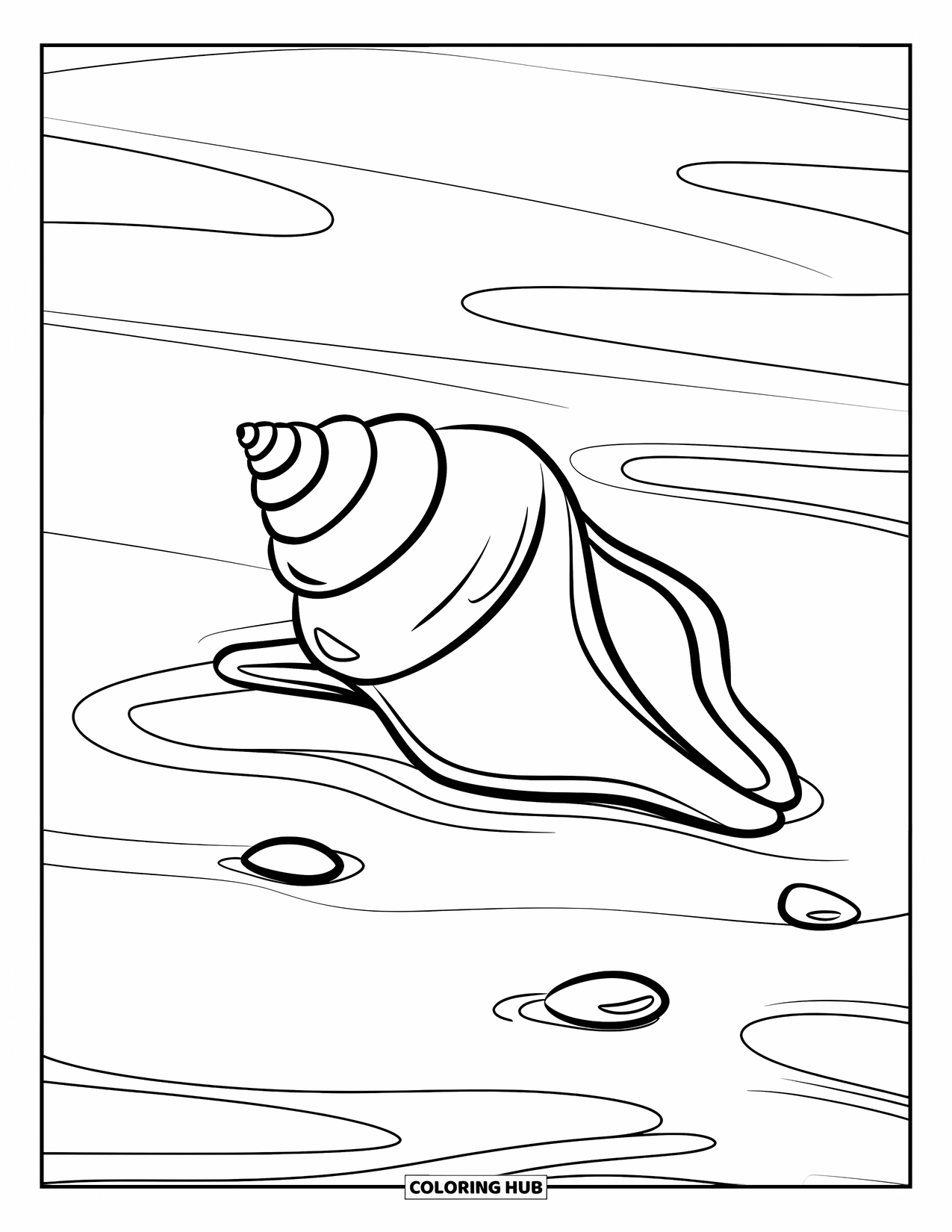 Seashell Coloring Page for Kids: A spiral seashell and pebbles lie on smooth sand under a clear sky