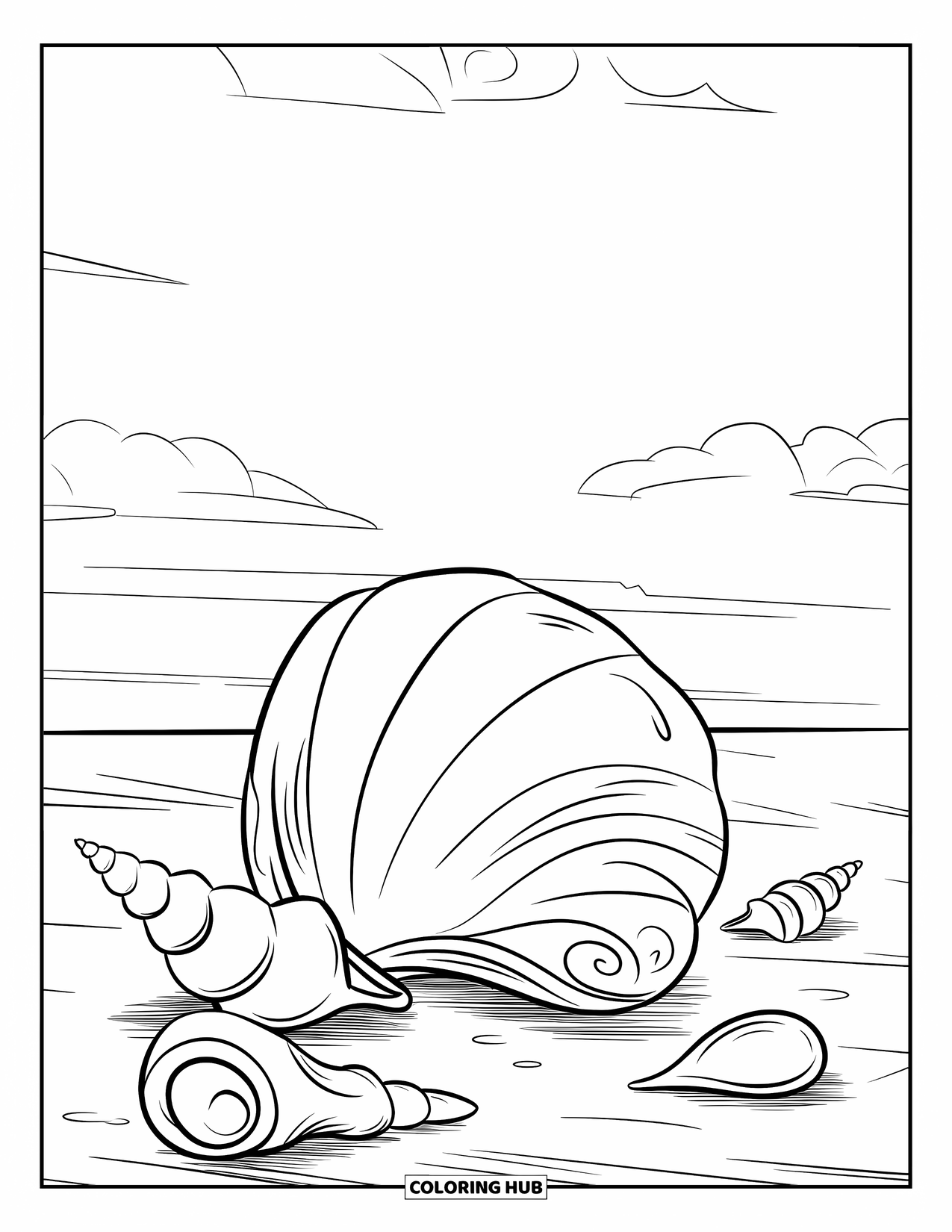 Seashell Coloring Page for Kids: Different shaped seashells are scattered across a sunny sandy beach