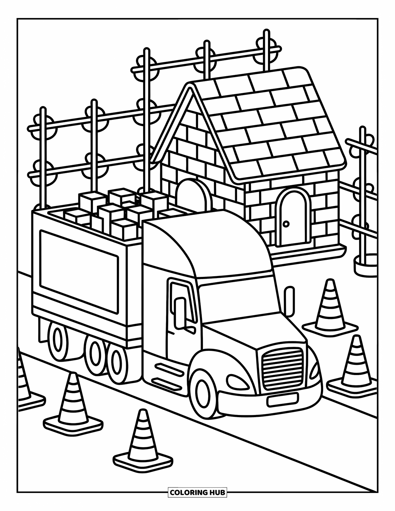 Semi Truck Coloring Page for Adults: A building-block truck cruises through a mini house zone with cute signs