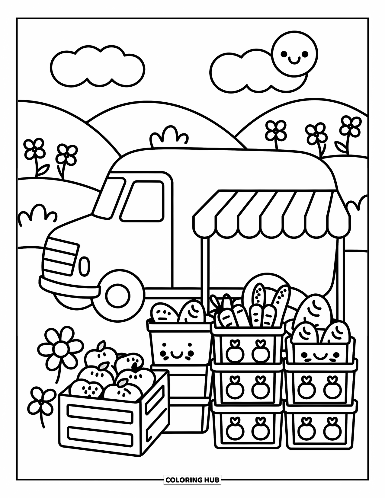 Semi Truck Coloring Page for Adults: A cheerful market scene includes a truck, crates of food, and flowerbeds