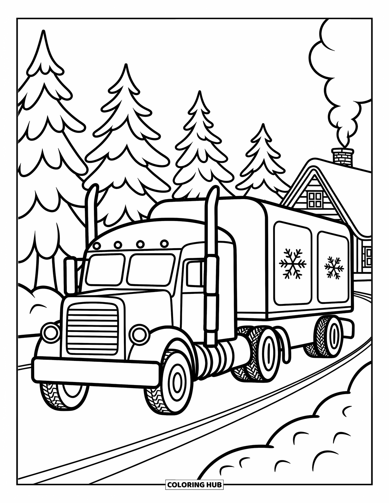 Semi Truck Coloring Page for Adults: A cheerful truck drives through snowy hills and past a puffing chimney