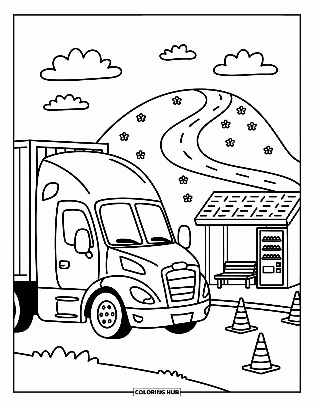 Semi Truck Coloring Page for Adults: A cozy roadside stop greets a truck with traffic cones and a gentle hill