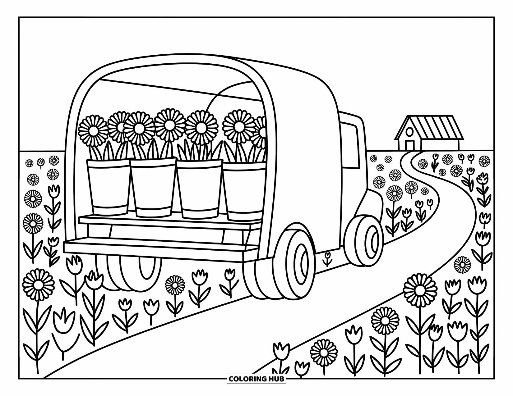 Semi Truck Coloring Page for Adults: A cute semi truck delivers sunflowers, tulips, and daisies in a sunny flower field