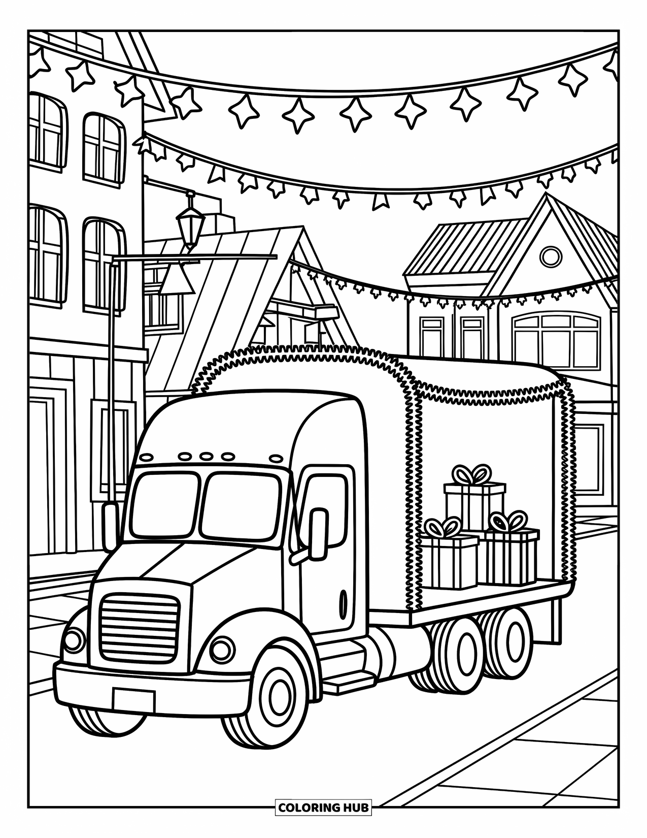 Semi Truck Coloring Page for Adults: A cute truck decked with stars and gifts stops in a charming town