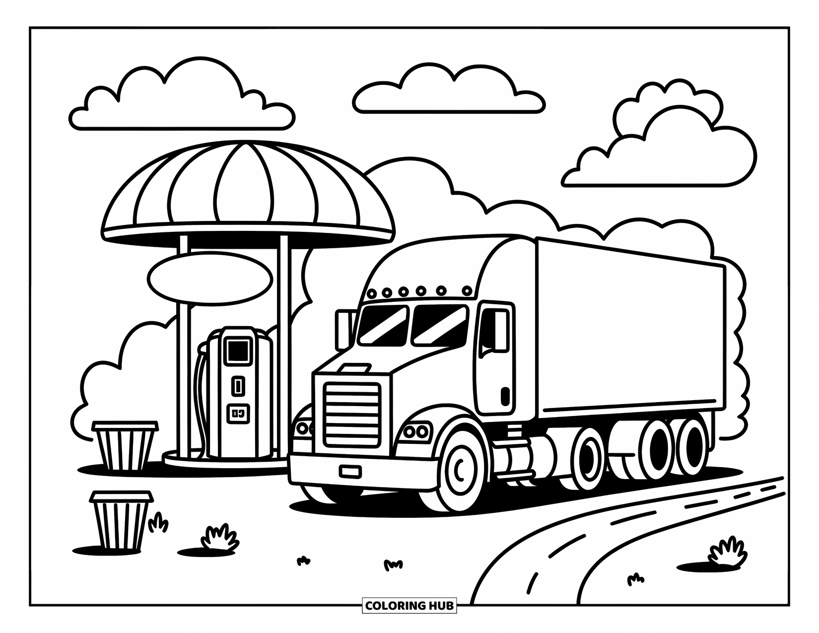 Semi Truck Coloring Page for Adults: A cute truck refuels beside puffy clouds and cozy potted plants