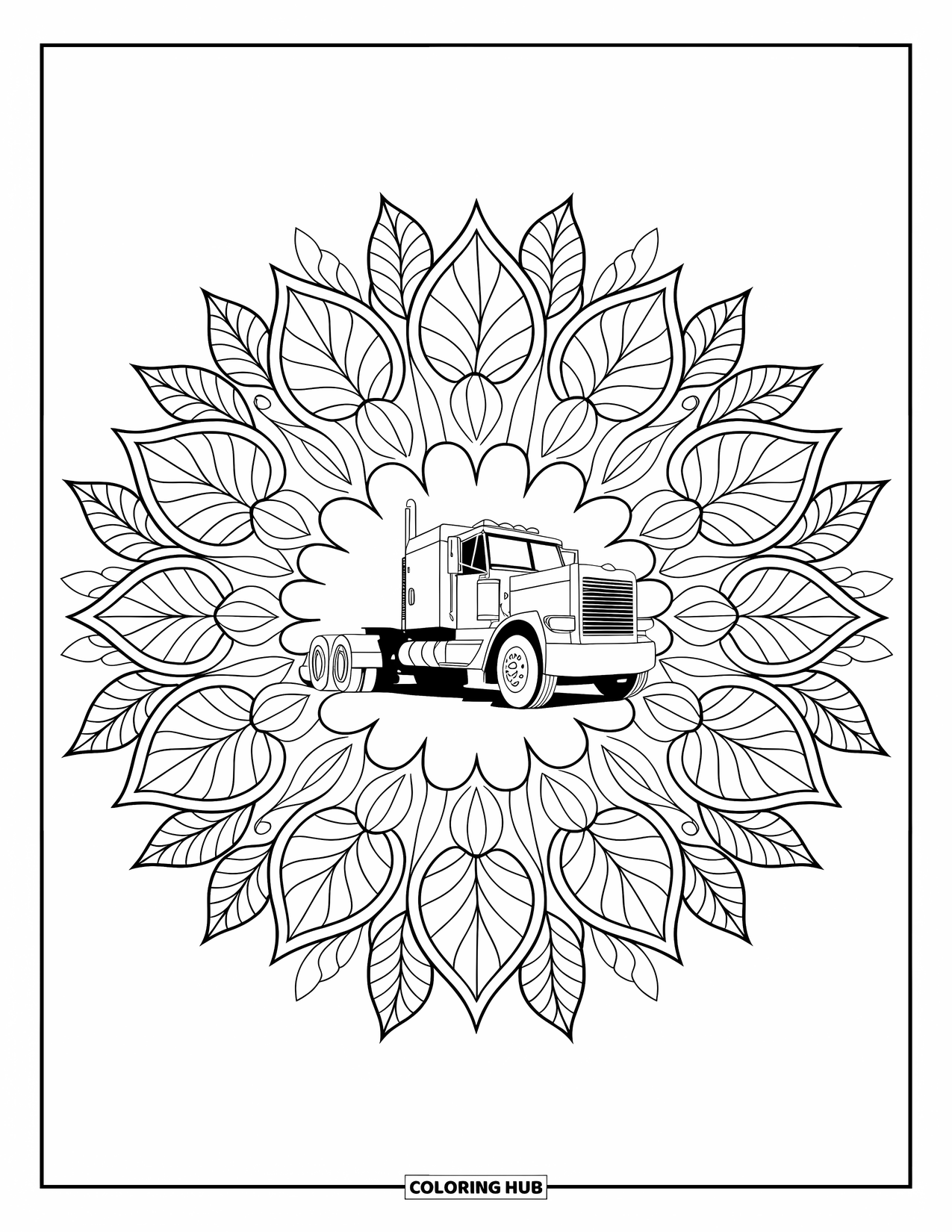 Semi Truck Coloring Page for Adults: A detailed mandala of leaves surrounds a simple, central truck