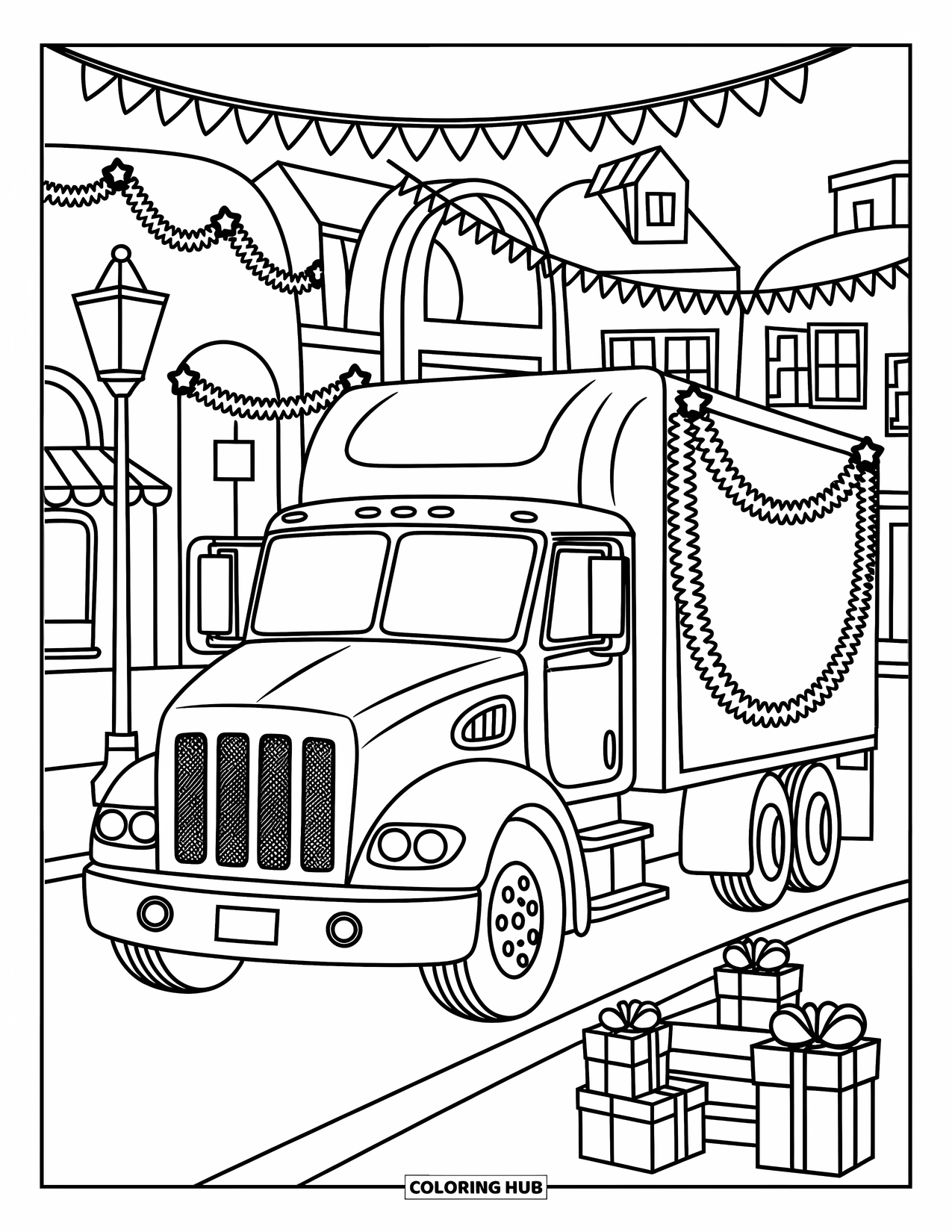 Semi Truck Coloring Page for Adults: A festive truck with bows and garlands parks near a cozy town square