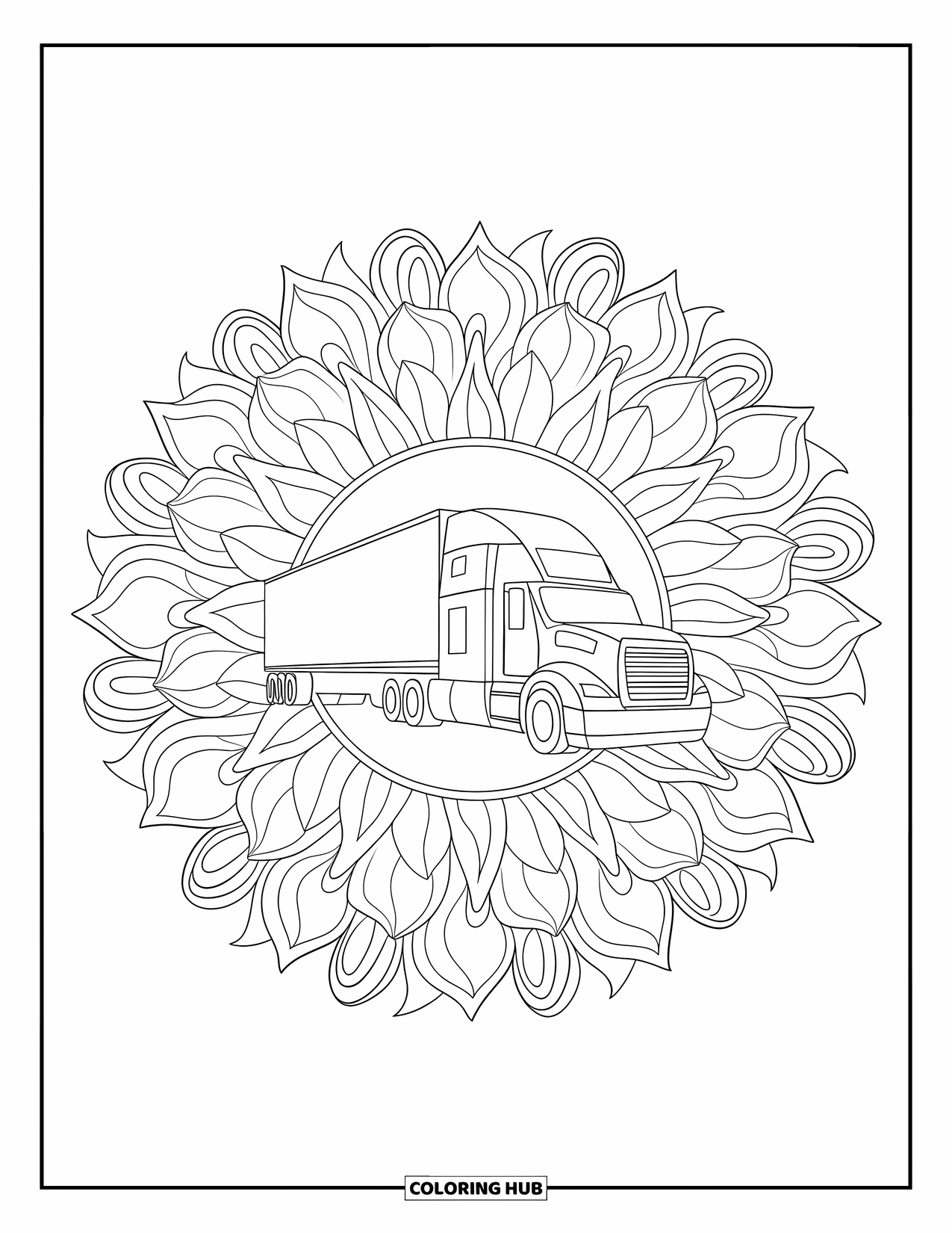 Semi Truck Coloring Page for Adults: A leafy lotus mandala wraps around a central truck silhouette