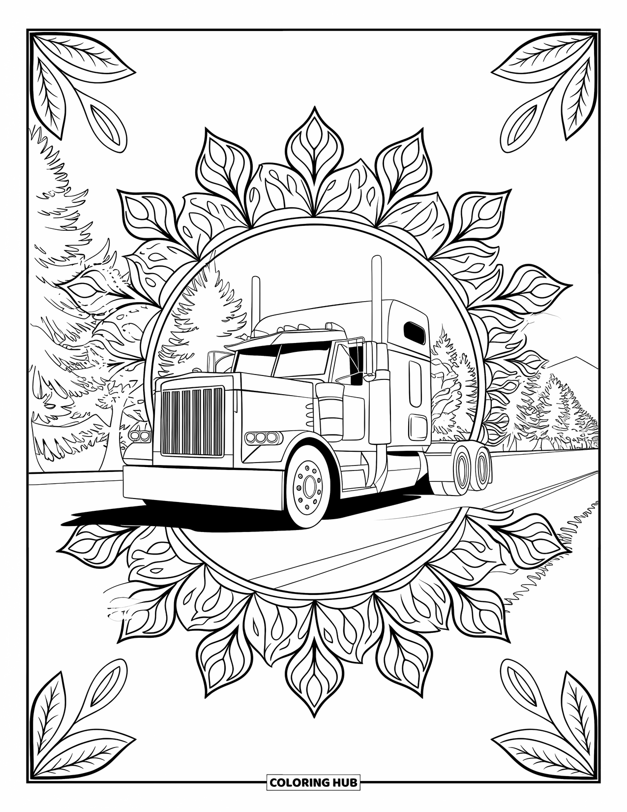 Semi Truck Coloring Page for Adults: A leafy mandala pattern frames a truck parked near mountains