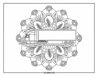 Lastbilsmålarbild för vuxna: En mandala av prästkragar och ormbunksblad omger en tydligt ritad lastbil
