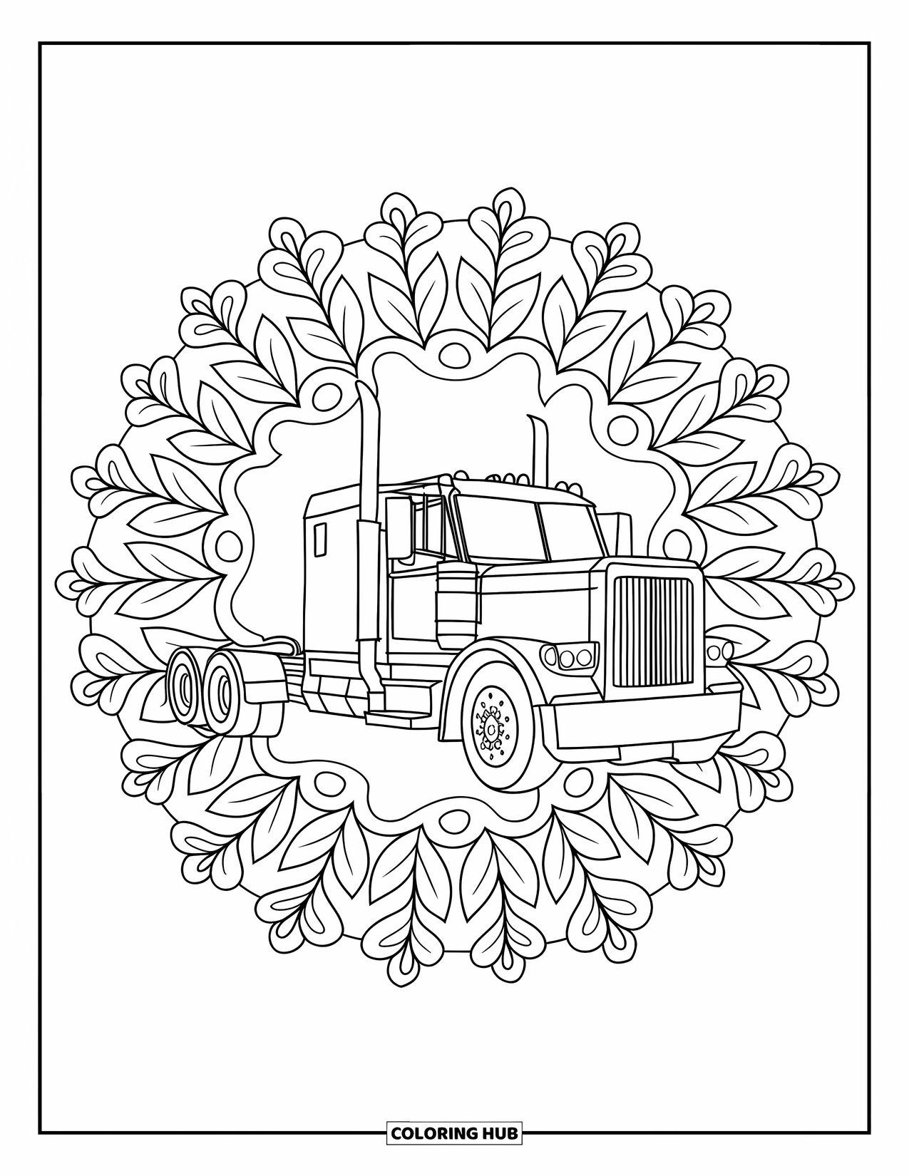 Semi Truck Coloring Page for Adults: A mirrored floral mandala surrounds a classic semi truck shape