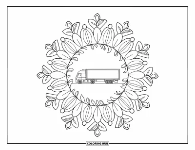 Lastbilsmålarbild för vuxna: En lastbil omges av ett helsides blomstermandala med rena konturer