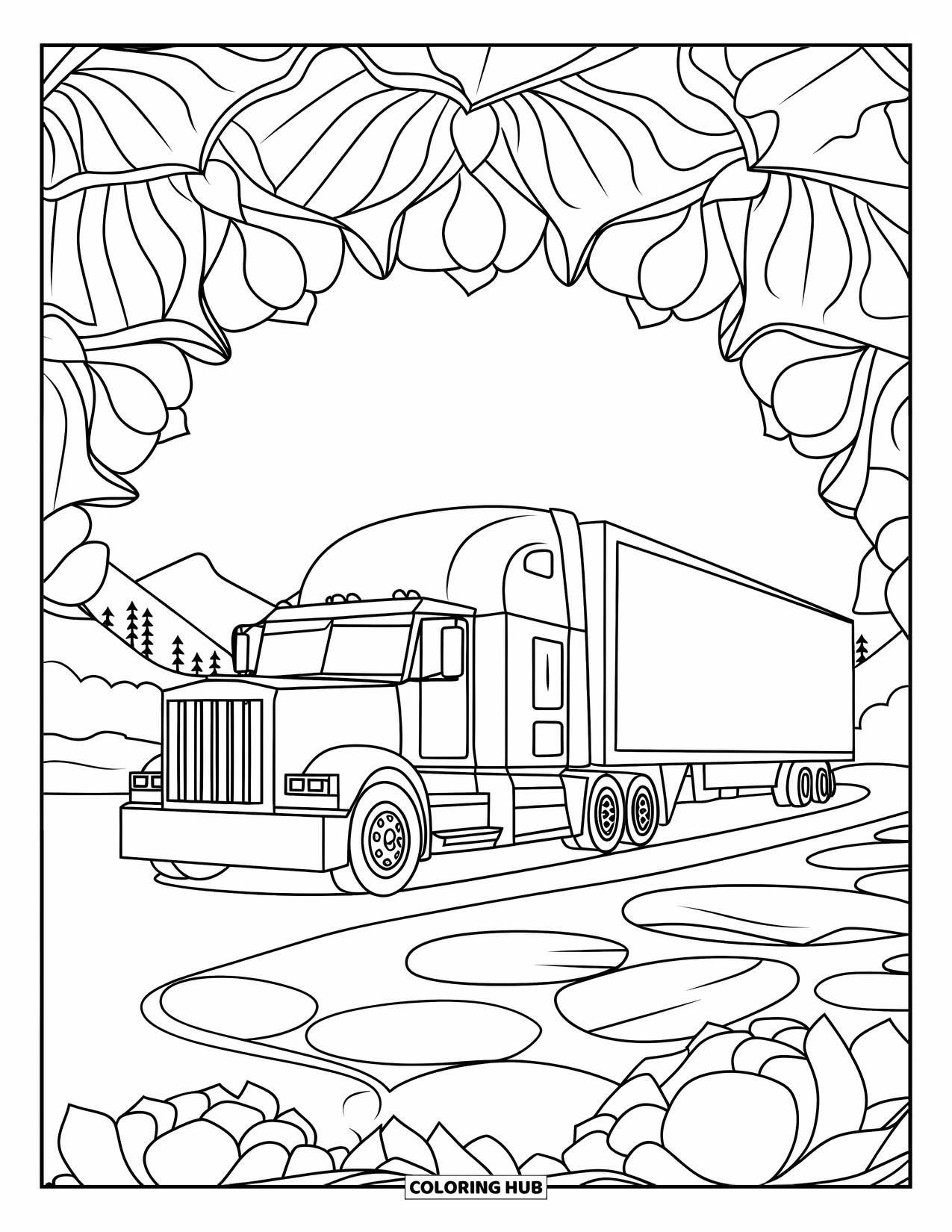 Semi Truck Coloring Page for Adults: A serene mandala scene surrounds a parked semi truck near trees and water