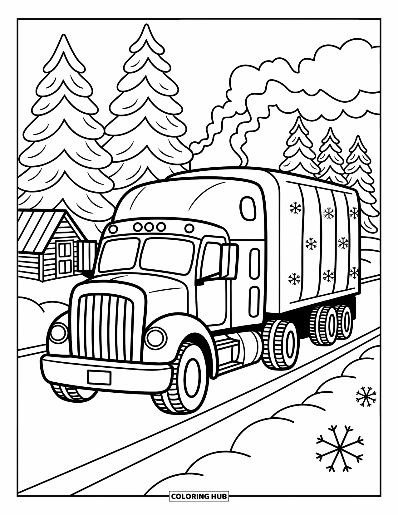 Semi Truck Coloring Page for Adults: A snowflake-decorated truck cruises past pines and a warm roadside hut