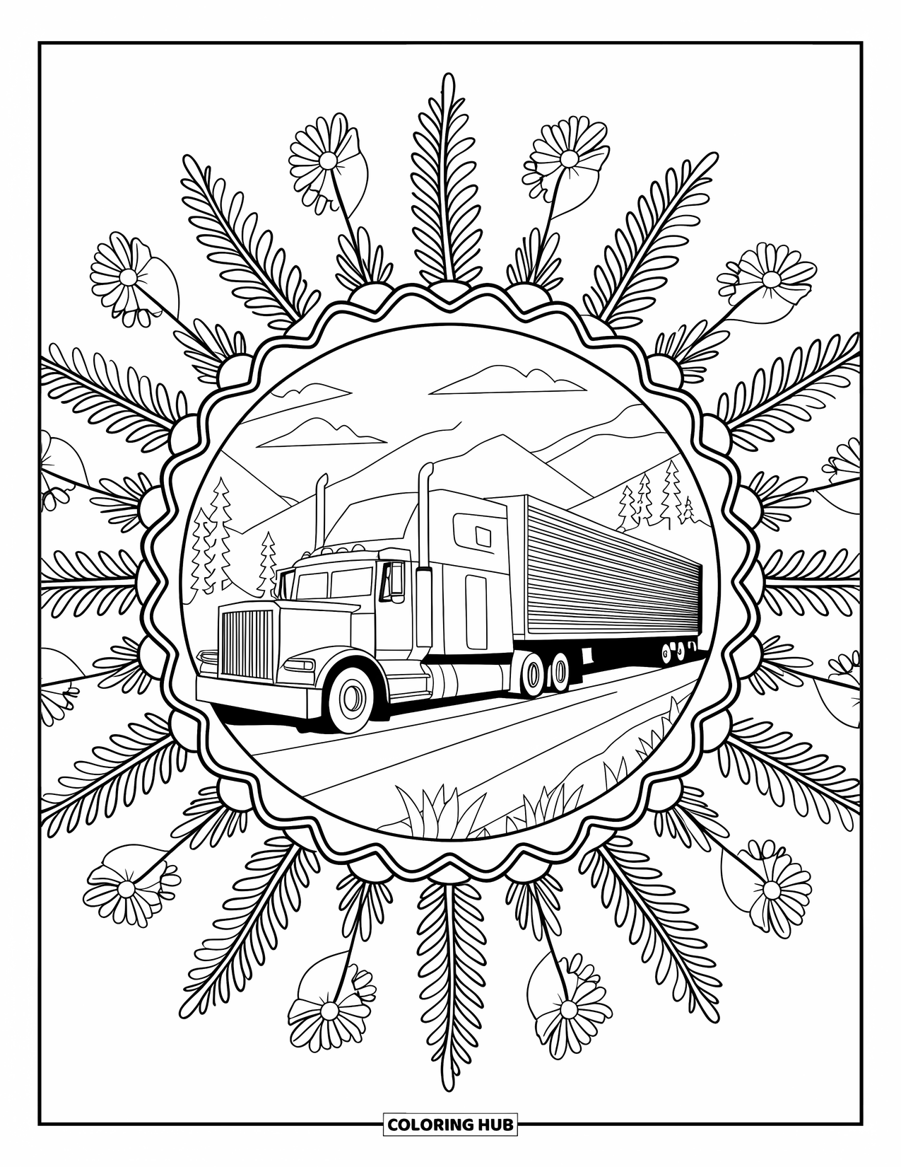 Semi Truck Coloring Page for Adults: A spinning fern and flower mandala surrounds a driving truck