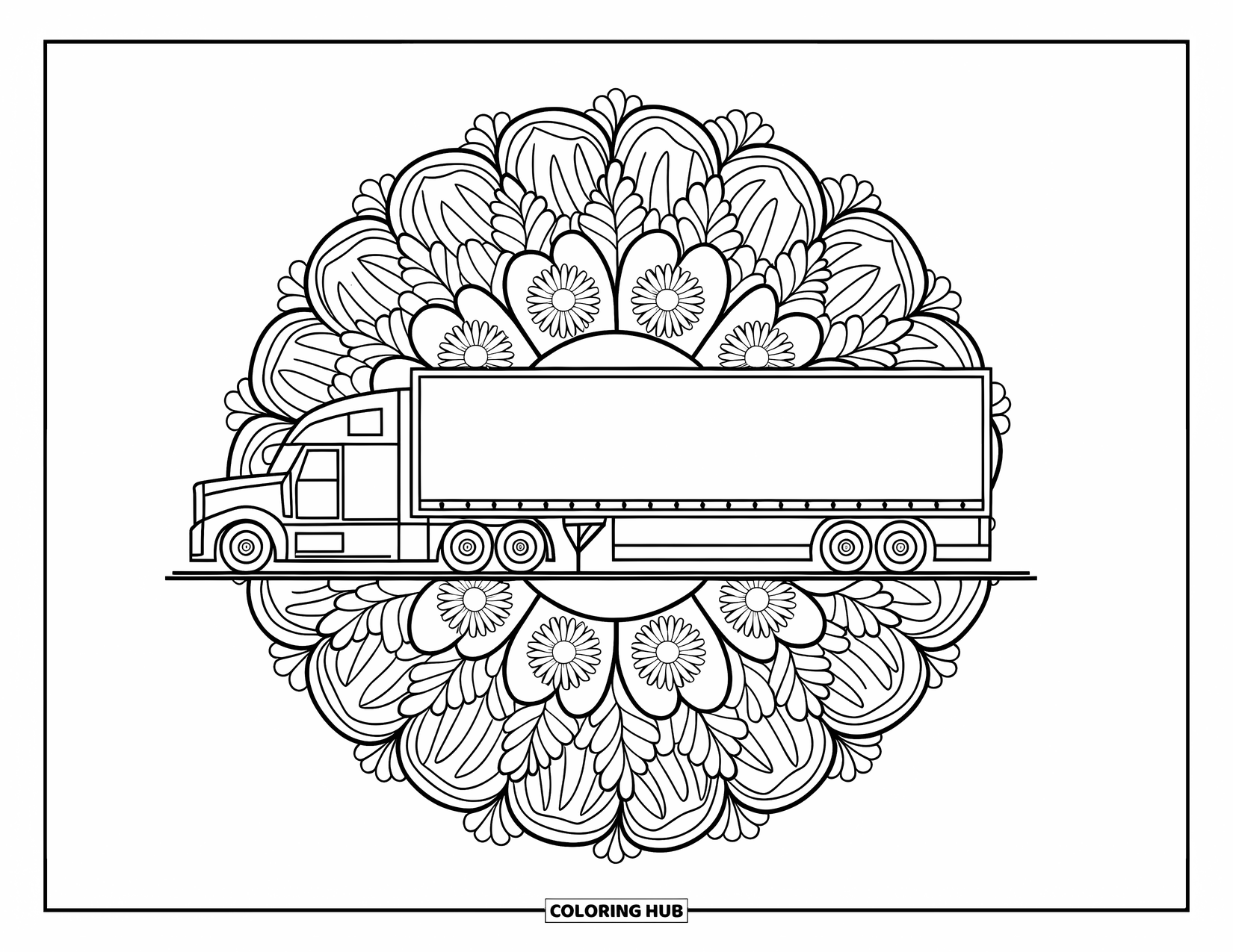 Semi Truck Coloring Page for Adults: A truck and trailer sit inside a daisy-filled mandala with herbs and fronds