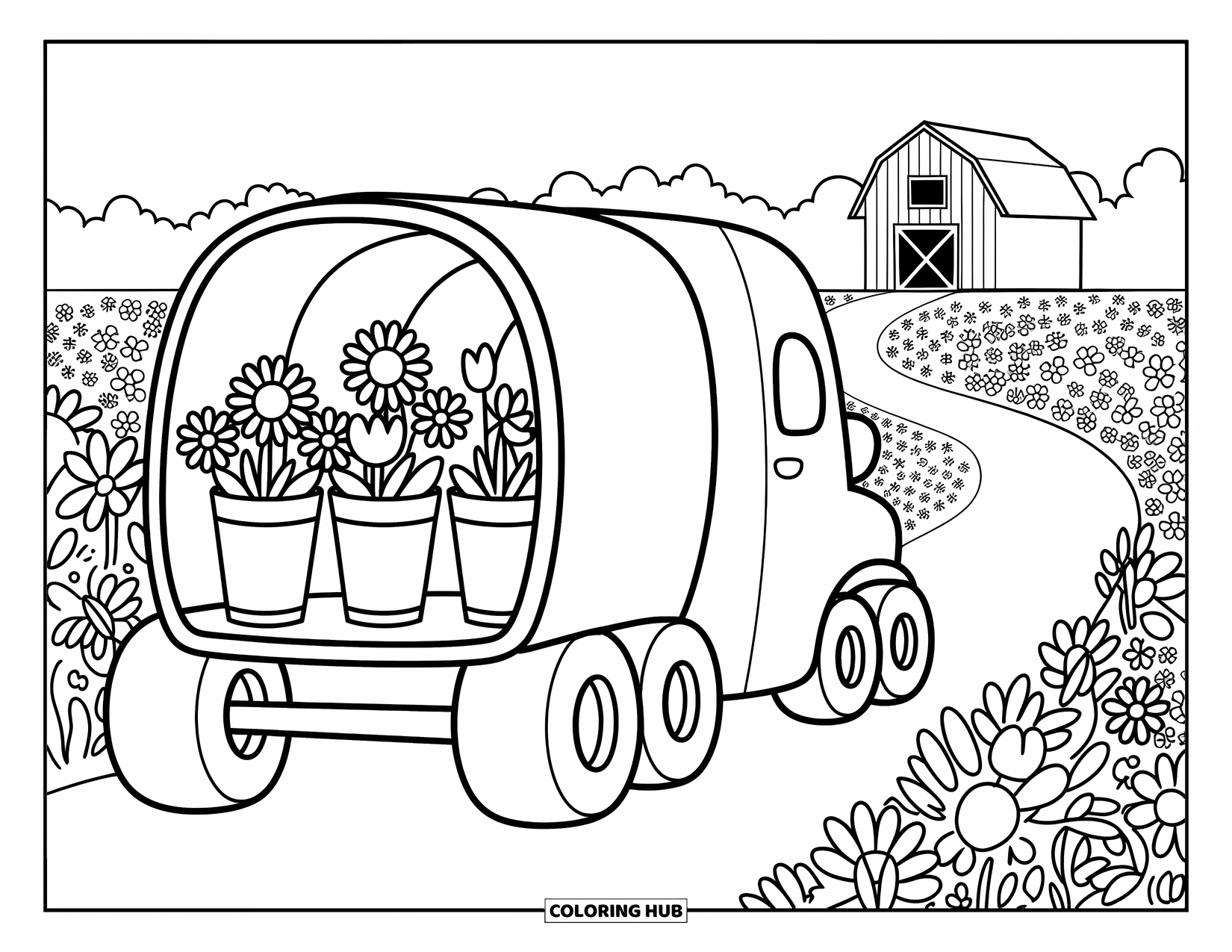 Semi Truck Coloring Page for Adults: A truck full of blossoms rests in a bright, flower-filled meadow