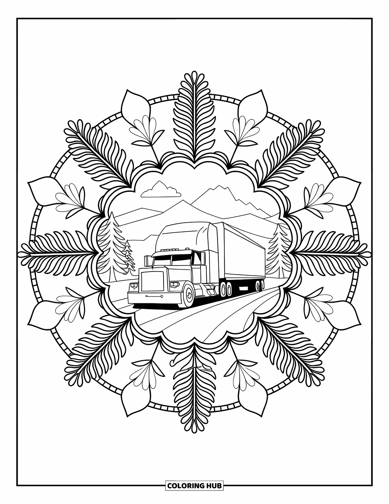 Semi Truck Coloring Page for Adults: A truck moves through a pattern of flowers and fern leaves