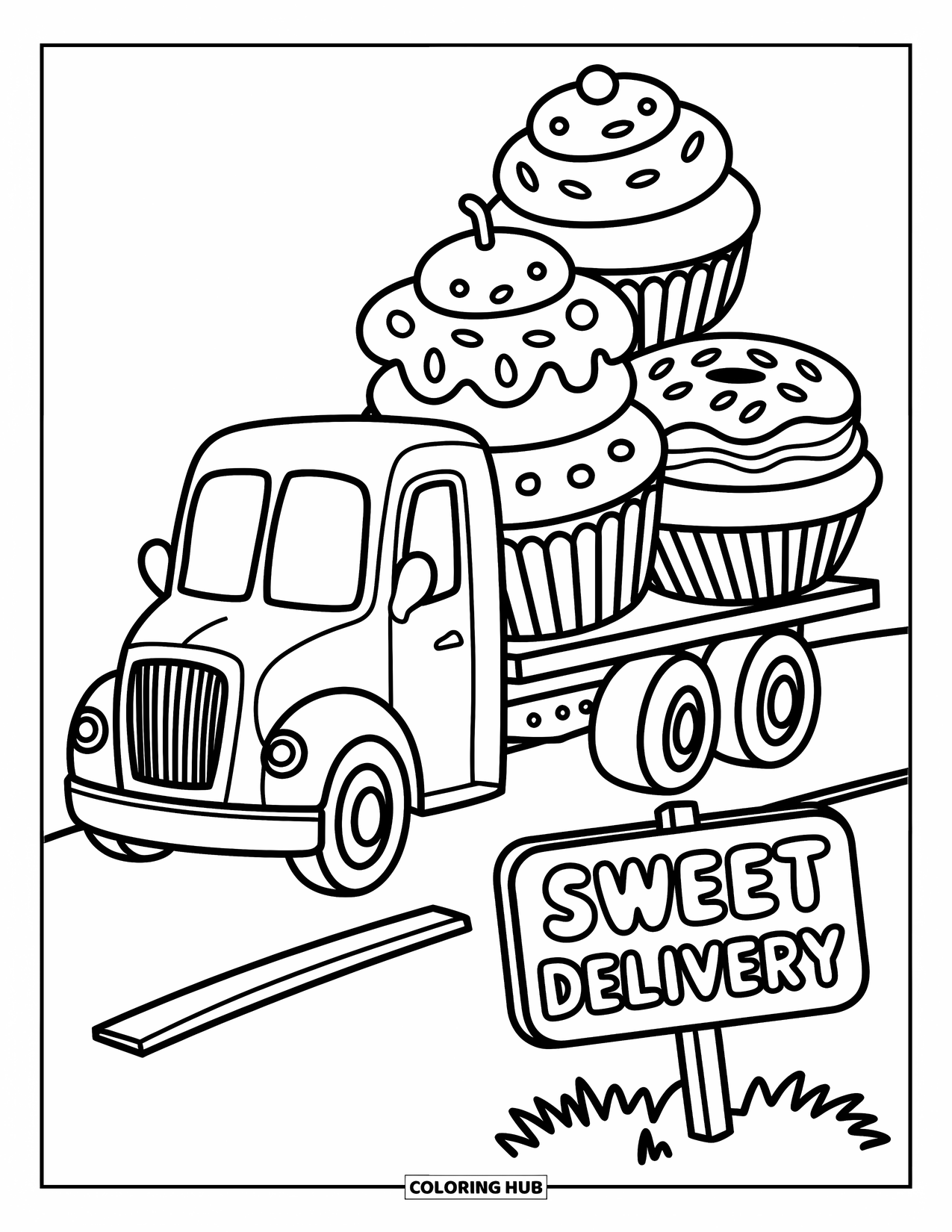 Semi Truck Coloring Page for Adults: A truck transports giant sweets with a playful sign and cute style