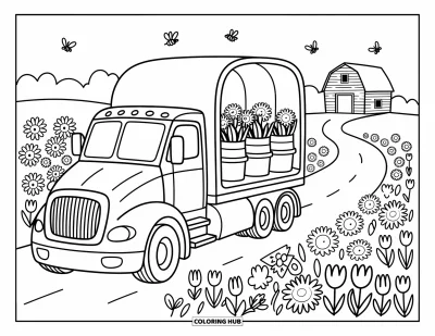 Lastbilsmålarbild för vuxna: En lastbil med blomsterhink sitter bland bin, fjärilar och en slingrande grusväg