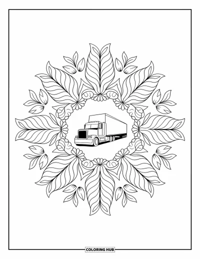 Lastbilsmålarbild för vuxna: Ett vildblomstermandala omfamnar mjukt en kraftfull lastbilsdesign