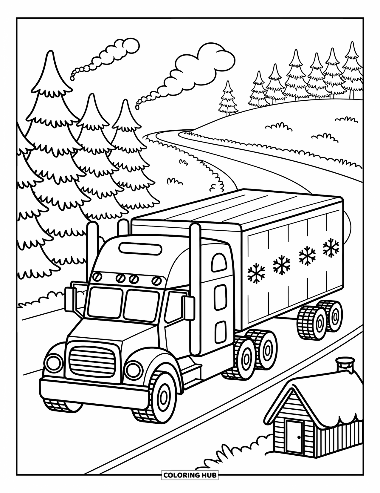 Semi Truck Coloring Page for Adults: A wintery truck rolls by snow-covered trees and a cozy cabin