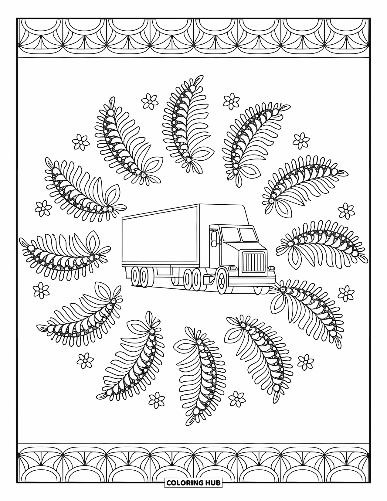Semi Truck Coloring Page for Adults: Fern leaves swirl around a truck in a circular mandala with border