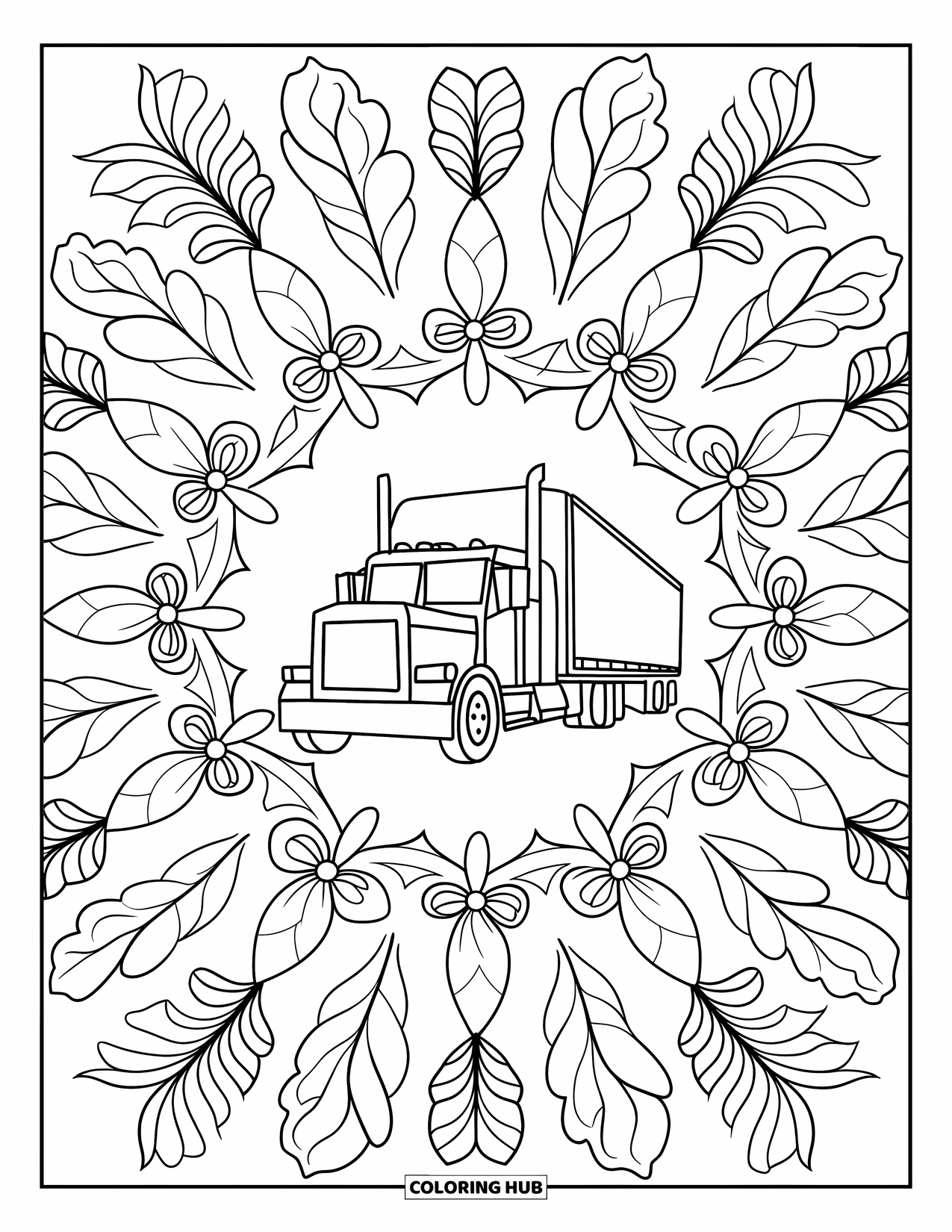 Semi Truck Coloring Page for Adults: Leaves and petals swirl in symmetry around a centered semi truck