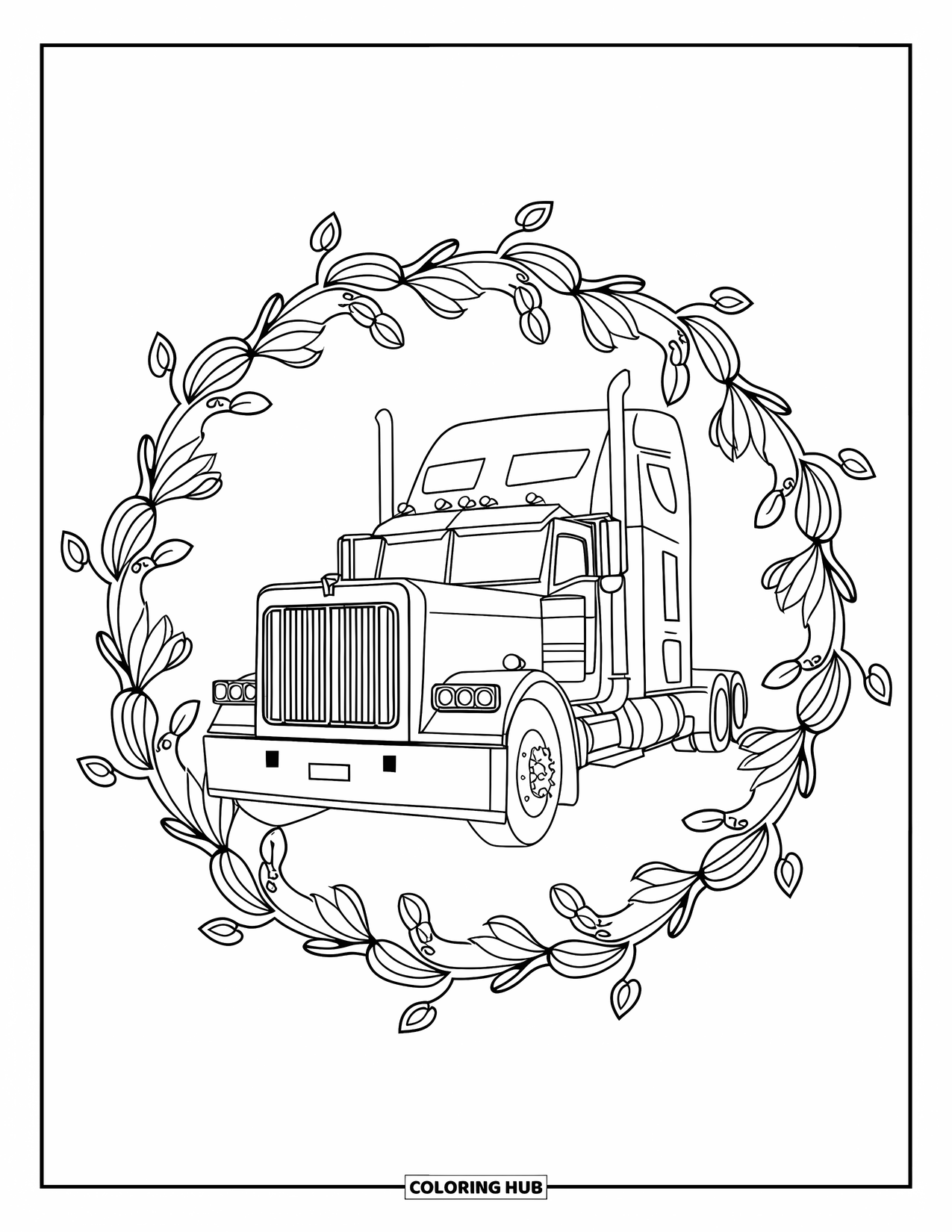Semi Truck Coloring Page for Adults: Vines and curling stems form a round mandala behind a semi truck