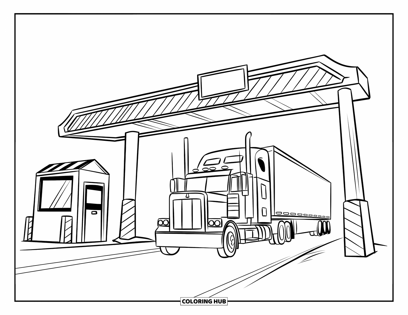 Semi Truck Coloring Page for Kids: A big truck passes through a toll booth with multiple wheels and a small roof