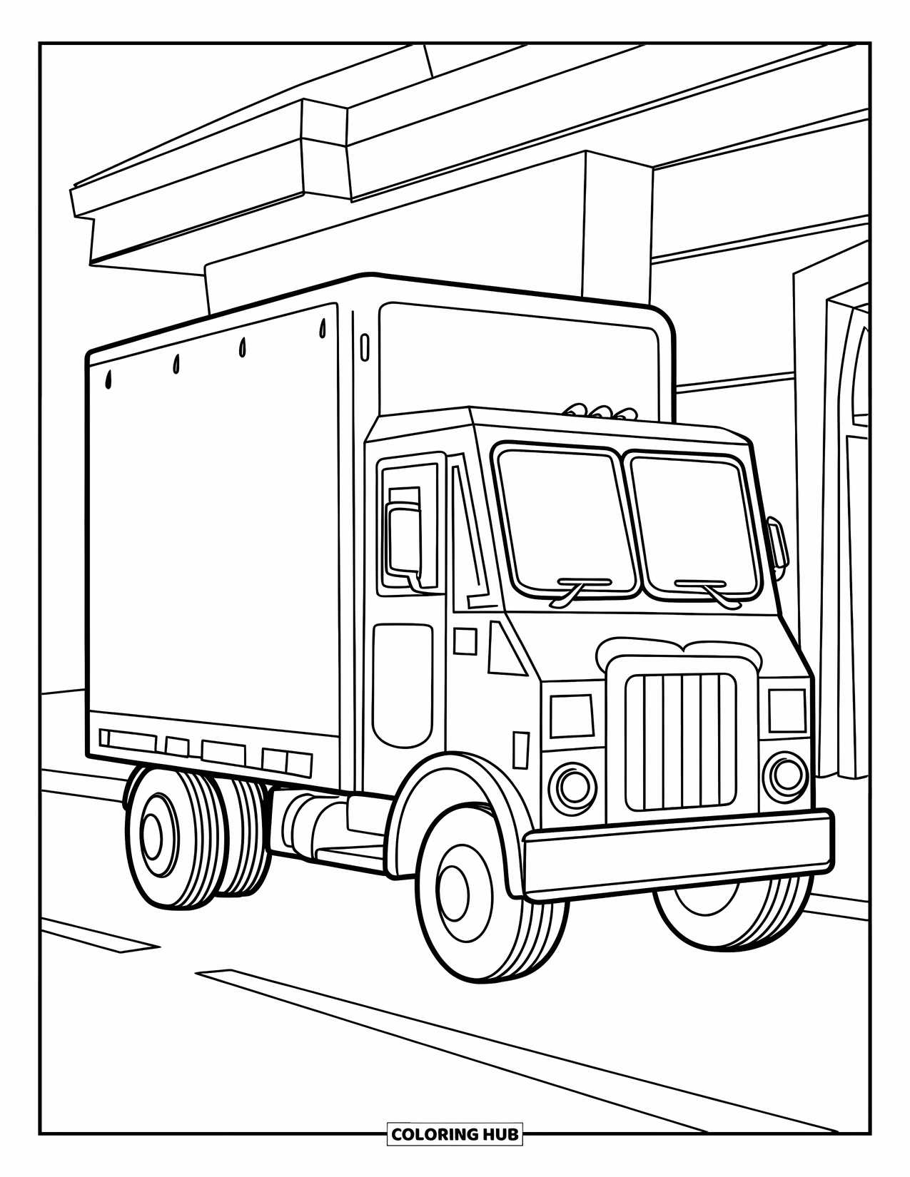 Semi Truck Coloring Page for Kids: A boxy truck with oversized wheels sits beside a building with a red door