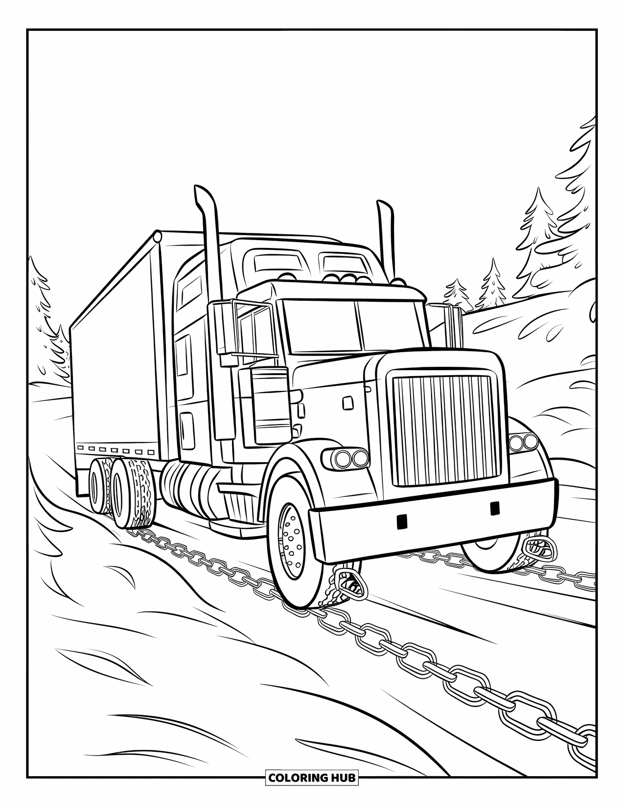 Semi Truck Coloring Page for Kids: A chained-up truck navigates snow past distant pine trees