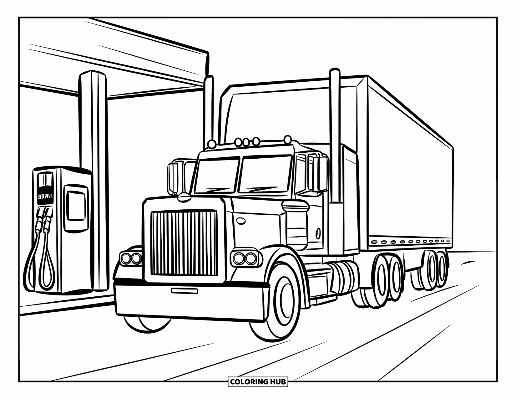 Semi Truck Coloring Page for Kids: A cheerful truck visits a gas station in a clean and simple scene