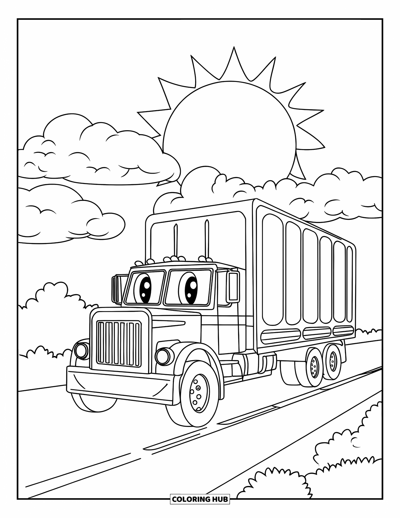 Semi Truck Coloring Page for Kids: A cute truck rolls along a sunny road with white lines and trees