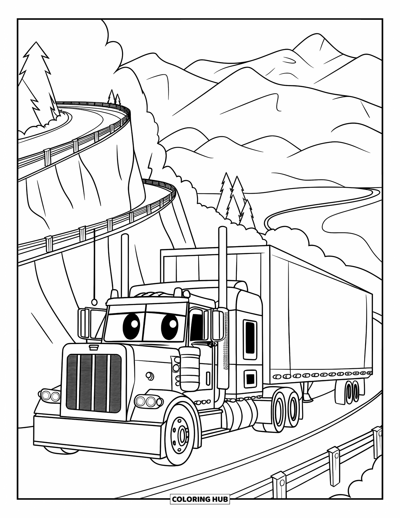 Semi Truck Coloring Page for Kids: A happy truck tows a trailer near cliffs with a smiling sun and winding roads
